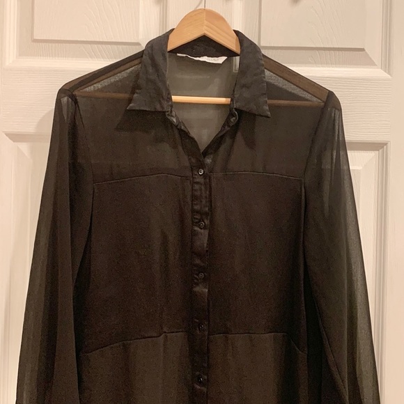 ZARA Sheer Satin Block Cutout Black Button Down Blouse - Picture 7 of 14